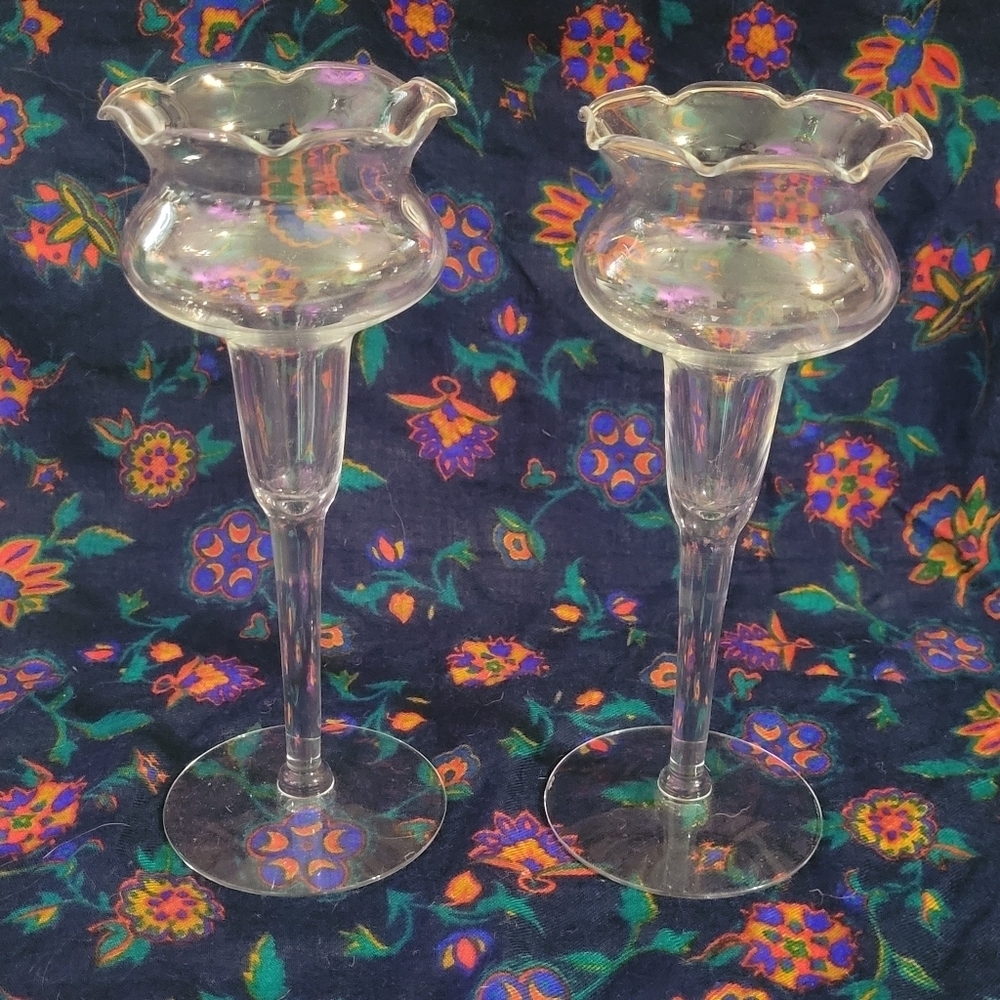 2 Blown Glass Princess House Heritage Violet Candlestick Candle Holder Wavy Rim